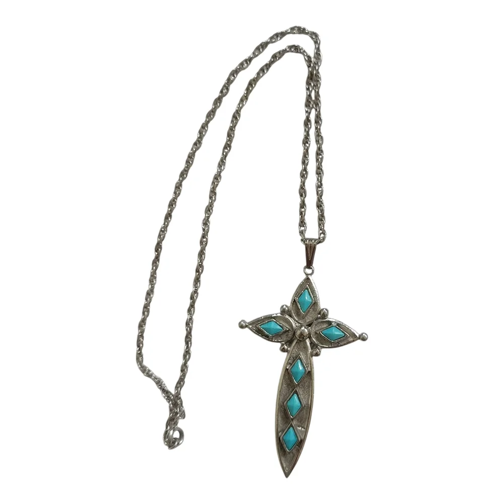 Silver and Turquoise Cross Pendant  Necklace - Picture 3 of 3